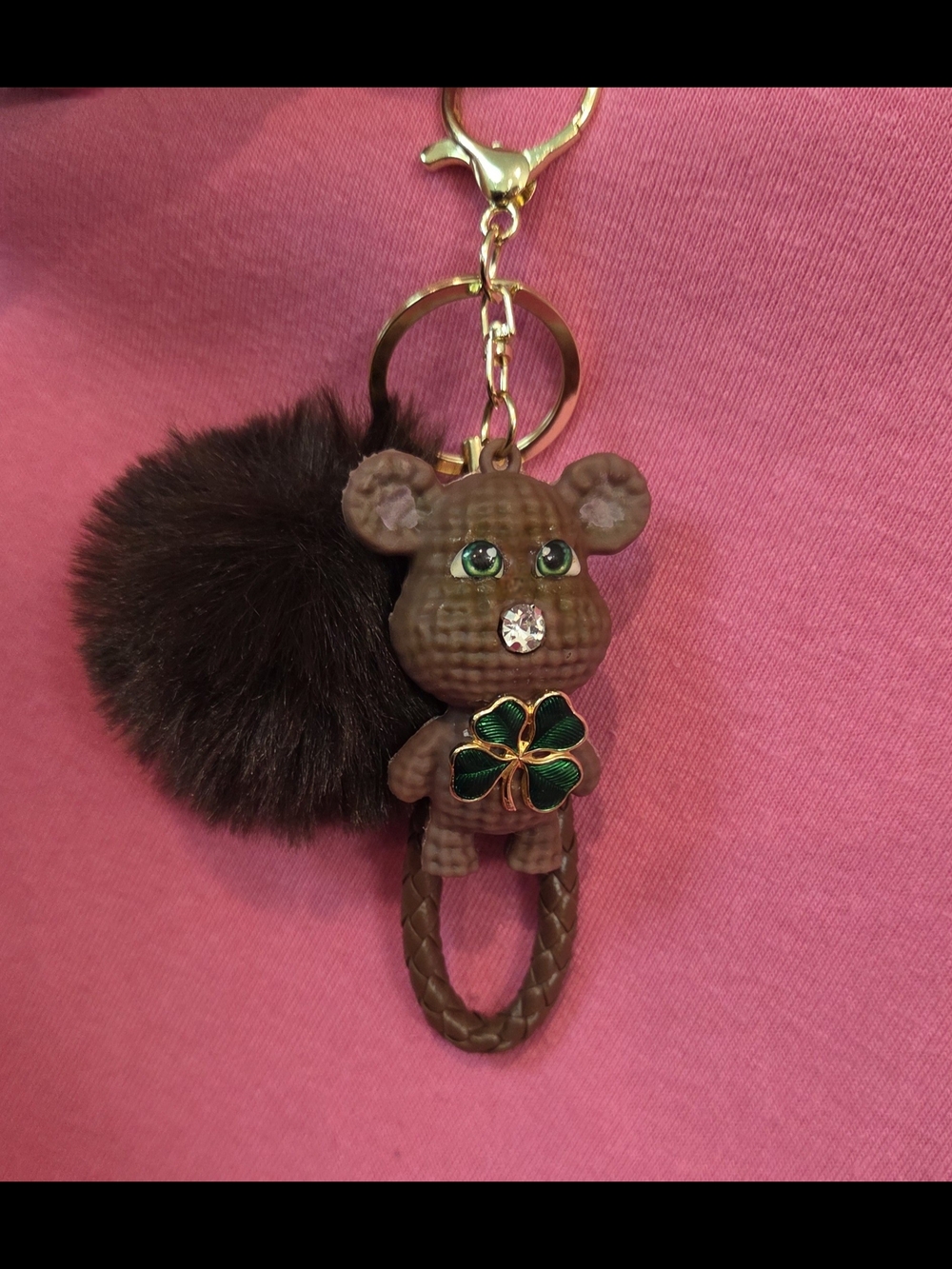 Cute Brown Bear Keychain with Green Good Luck Clover Charm and Pom Pom!